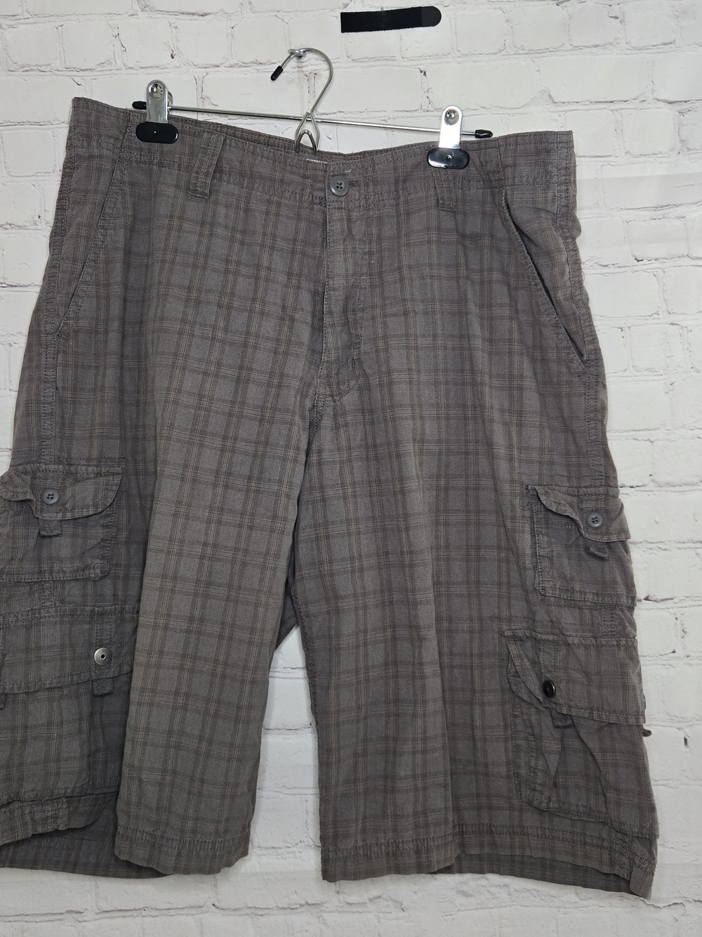Vtg Y2K Route 66  Brown Plaid Cargo Shorts Cotton Double Pockets Skater Grunge